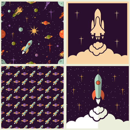 Planets, rockets and stars backgrounds set in different stylesのイラスト素材