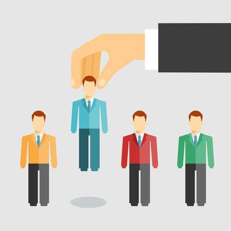 Vector illustration conceptual of human resources management with a businessman selecting a candidate from job applicants for hiring  promotion or dismissalのイラスト素材