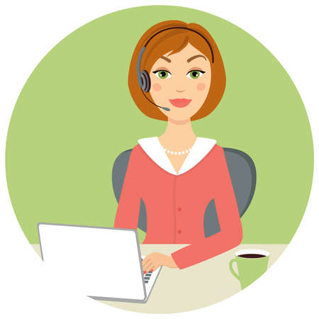 Beautiful call center woman with laptop and headset, vector eps10 illustrationのイラスト素材