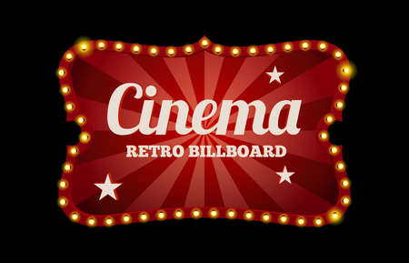 Cinema sign or billboard in retro style surrounded by neon lights on a dark background with text spaceのイラスト素材