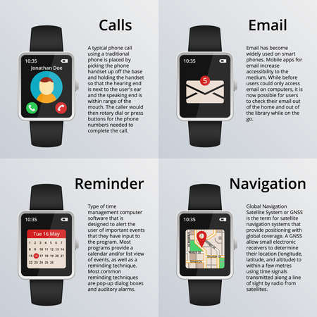 Smartwatch. Receiving calls and unread messages, navigation map and calendar. Technology and design, watch and email. Vector illustrationのイラスト素材