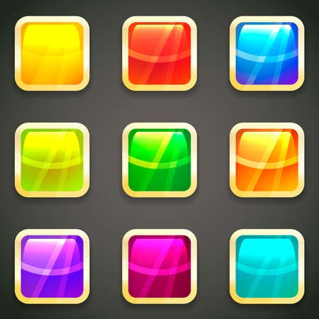 Set of vibrant bright glossy vector web buttons with gold metallic frames around a chamfered square shape with reflections in the colors of the spectrum or rainbowのイラスト素材