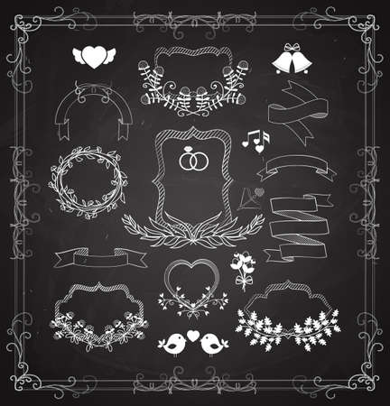 Wedding vector graphic set with wreaths  frames and ribbons  hearts  bells and birds as design elements for greeting cards and invitations in white on blackのイラスト素材