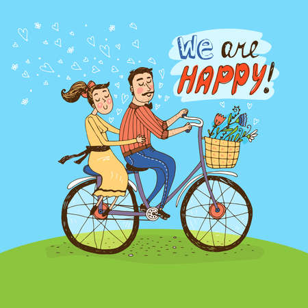 Loving couple riding on a bicycle over a green hill with hearts floating in the air and flowers in the basket and the words - We Are Happy - hand-drawn vector illustrationのイラスト素材