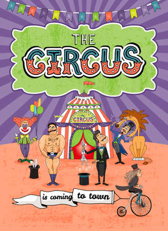 Vector circus poster design with various performers in front of the Big Top and a cute monkey riding by on a vintage penny wheeler flying a banner - Is Coming To Town - announcing their arrivalのイラスト素材