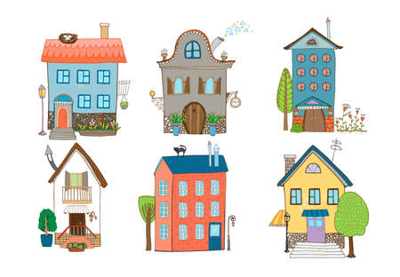 Home Sweet Home - set of hand-drawn vector houses in different architectural styles with plants and trees isolated on whiteのイラスト素材