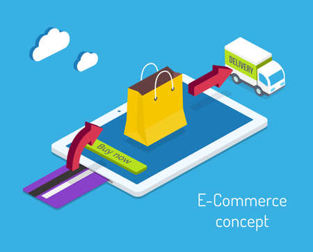 E-commerce or internet shopping concept with a credit card for payment and an arrow pointing to a shopping bag on a tablet computer screen leading to a delivery truck  vector illustrationのイラスト素材