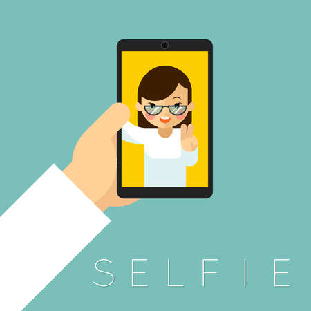 Selfie poster. Photo portrait, picture and smartphone, hand and woman face. Vector illustrationのイラスト素材