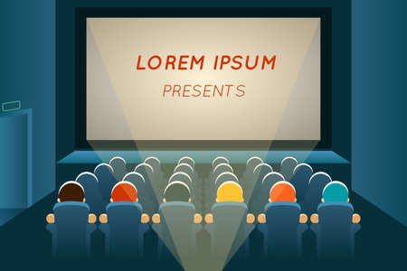 People watching film in cinema. Movie and screen, seat audience, show and concert, auditorium presentation, row and entertainment, vector illustrationのイラスト素材