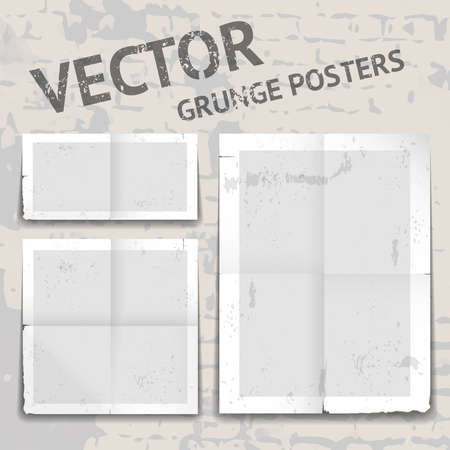 Set of three different vector grunge posters with tattered edges  tears  stains and heavy crease or fold lines with white borders and grey copyspace for your text in different shape formatsのイラスト素材