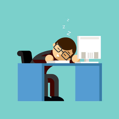 Businessman sleeping on his office desk top. Table and work, sleepy and job, nap and lazy, asleep and worker. Vector illustrationのイラスト素材