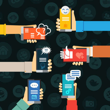 instant messenger chat communication, hand with mobile phones vector conceptのイラスト素材