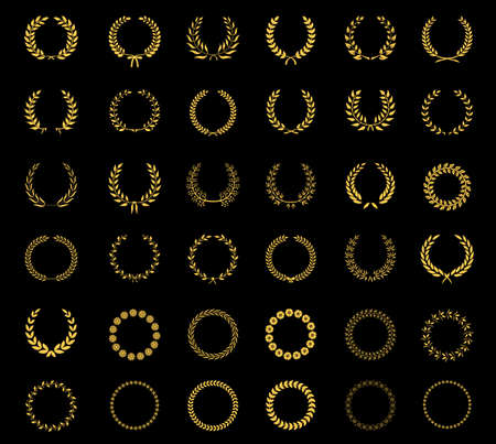 Very large set of thirty-six different vector laurel  wheat  floral and foliate wreaths and circular frames for awards  heraldry  antiquity  victory  champion and excellence on blackのイラスト素材