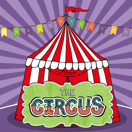 Circus tent poster template. Red-white awning  on the purple background. Vector illustrationのイラスト素材