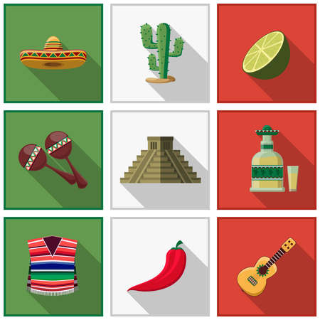 Mexico icons set, mexican symbols. Cactus and chili pepper, tequila and guitar, travel and latino. Vector illustrationのイラスト素材