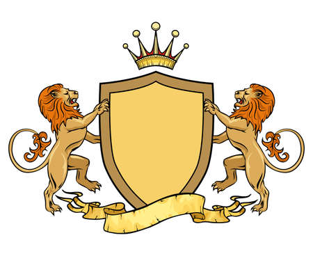 Heraldic lions with shield and ribbon. Emblem or badge template. Heraldic and crest, medieval royal. Vector illustrationのイラスト素材