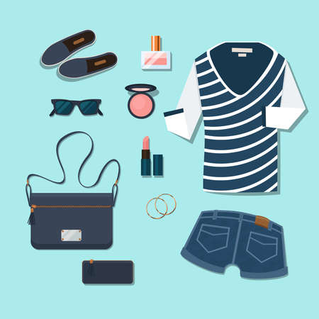 Casual young woman outfit. Gumshoes and accessories, glasses and perfume, handbags and cosmetics, earrings and shorts. Vector illustrationのイラスト素材