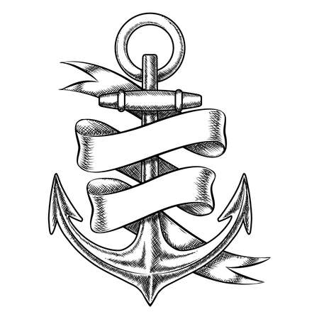 Vector hand drawn anchor sketch with blank ribbon. Nautical isolated object, vintage marine tattoo illustrationのイラスト素材
