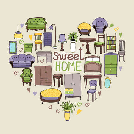 Sweet Home concept with various home accessories and furniture icons arranged in a heart shape symbolic of love and home interior decor with text - Sweet Homeのイラスト素材