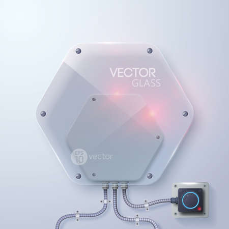 Abstract web template with light electric glass hexagonal lamp and wires on gray background isolated vector illustrationのイラスト素材