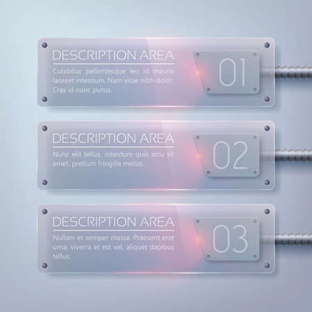 Glass horizontal banners with electric shiny elements text and three options on light background isolated vector illustrationのイラスト素材