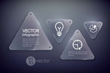 Abstract infographic web template with glass triangles and business icons on dark background vector...