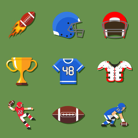 American football flat icons set. Helmet and sport, touchdown and quarterback, trophy game. Vector illustrationのイラスト素材