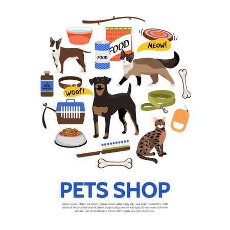 Flat pet shop concept with dog cat animal food carrier house collar leash bowl bone comb isolated vector illustrationのイラスト素材