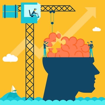 Man with brain puzzle. Creative concept background. Puzzle and create build, crane and head, businessman and conceptual, imagination. Vector illustrationのイラスト素材