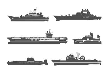 Silhouettes of naval ships. Marine navy transport, transportation and military shipping. Vector illustrationのイラスト素材