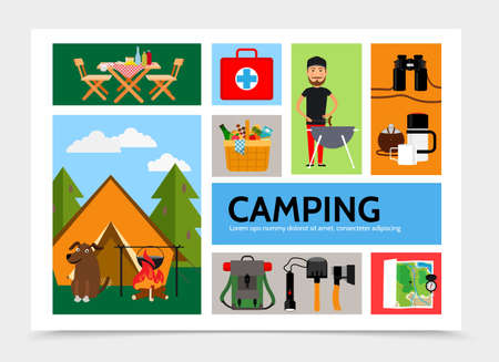 Flat outdoor recreation infographic template with tent dog table chairs man barbecue backpack flashlight axe shovel binoculars medical bag map compass bonfire vector illustrationのイラスト素材