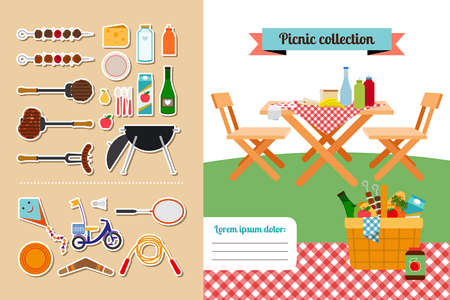 Vector picnic elements collection. Meat and food, hot steak, barbeque and grillのイラスト素材