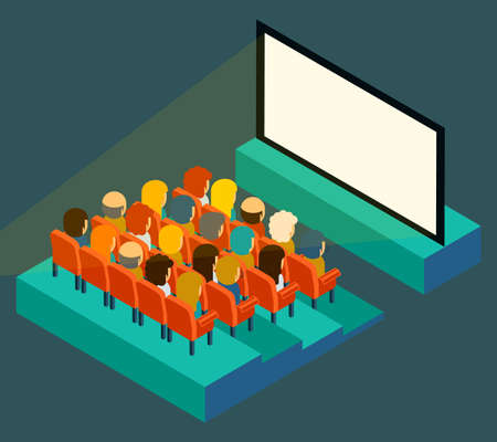 Empty cinema screen with audience. Isometric in flat style. Film show, seat and presentation, entertainment and auditorium, vector illustrationのイラスト素材