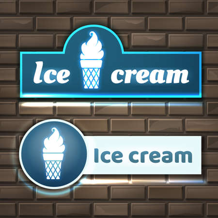 Vector illustration of ice cream neon sign boards on brick wallのイラスト素材
