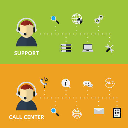 Support and Call Center Concept Illustration. Technical assistance and information. Vector illustrationのイラスト素材
