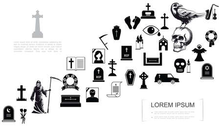 Flat death template with grim reaper crow sitting on skull funeral and burial black icons vector illustrationのイラスト素材