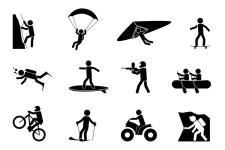 Extreme sports or adventure icons. Speleology and parachute, swimming and paintball, climb and skateboard, vector illustrationのイラスト素材