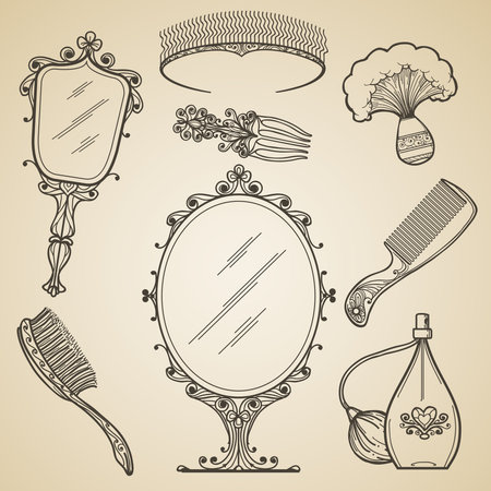 Hand drawn vintage beauty and retro makeup items. Fashion doodle and sketch mirror. Vintage beauty retro makeup vector iconsのイラスト素材