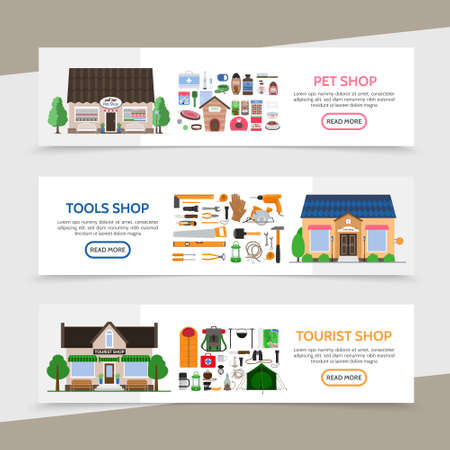 Flat stores horizontal banners with products equipment and accessories for sale in pets tools tourist shops vector illustrationのイラスト素材