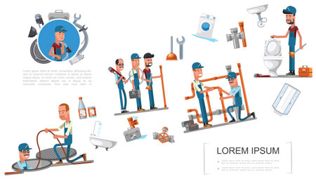 Flat plumbing elements concept with shower cabin washing machine sink pipes wrench plunger plumbers repairing sewerage and toilet vector illustrationのイラスト素材