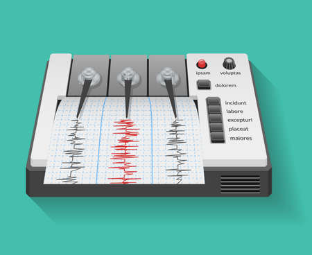 Seismograph machine with graph of seismic and earthquake activity. Instrument seismometer, technology graph, vector illustration