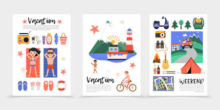 Flat summer vacation posters with beach rest slippers lifebuoy radio suncream cruise ship voyage...