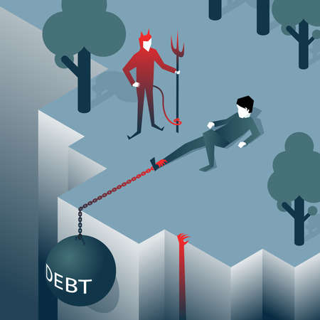Debt takes off man over a cliff. Load pulls into the abyss. Bankruptcy, liabilities. Vector illustrationのイラスト素材