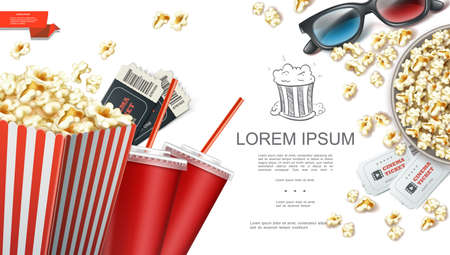 Realistic cinema elements background with 3d glasses tickets paper bag and bucket of popcorn soda cups vector illustrationのイラスト素材