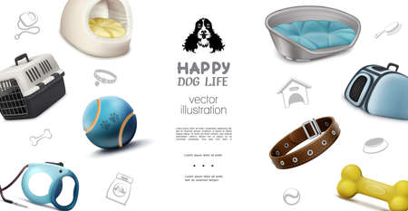 Realistic dog care elements template with soft and plastic houses ball bones transportation boxes collar leash vector illustrationのイラスト素材