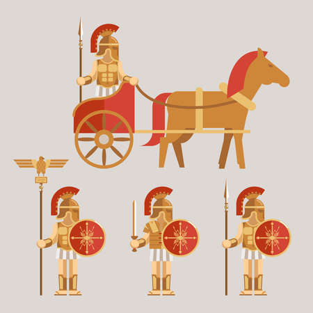 Ancient wariors icons set. Warrior on chariot with spear and warrior with sword and shield. Vector illustrationのイラスト素材