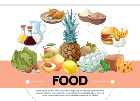 Cartoon food template with pineapple cabbage milk juice chicken legs cereals burger french fries eggs cheese lemon peach kiwi apricot vector illustrationのイラスト素材