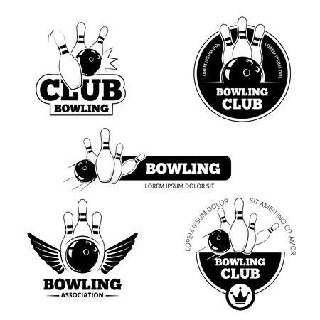 Bowling vector labels, emblems and badges set. Club gaming play, skittle and strike illustrationのイラスト素材