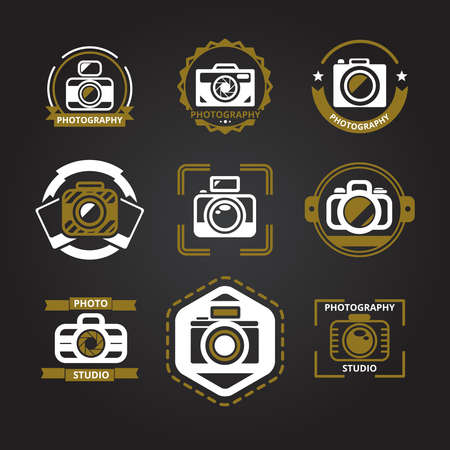 Vector logos or icons for photographers set. Camera and photo, photography technology, foto studio emblem, vector illustrationのイラスト素材