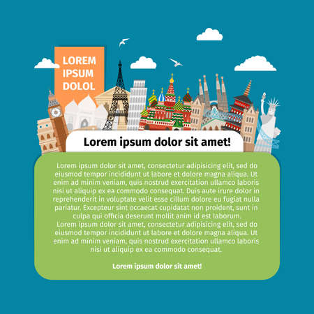 Postcard with world landmarks. Design tourism, building architecture, famous monument. Vector illustrationのイラスト素材